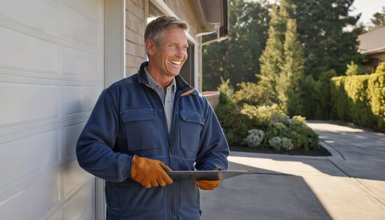 A friendly garage door provider checking a newly installed door at a Lawrenceville home while the homeowner looks on
