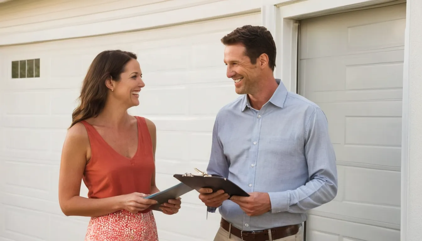 A homeowner talking with a garage door provider in Lawrenceville